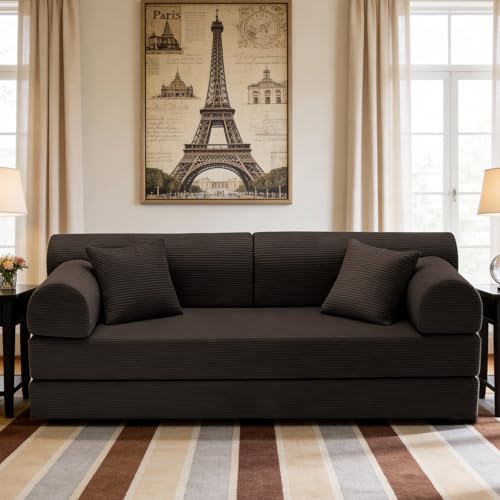 KEIKI 4-in-1 Folding Convertible Sofa Bed, 78" Oversized Loveseat Sleeper with Pull Out Bed, Corduroy Upholstered Boneless Apartment Size Couches for Living Room, Chaise Lounge for Studio, Brown - color: Brown