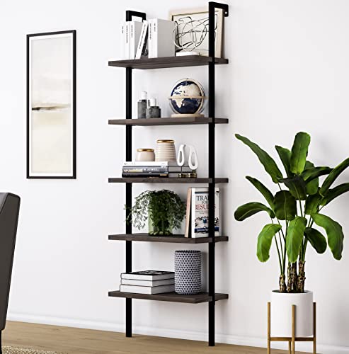 Nathan James Theo 5-Shelf Wood Modern Bookcase, Open Wall Mount Ladder Bookshelf with Industrial Metal Frame, Dark Brown Nutmeg/Black - color: Theo Nutmeg/Black, size: Set of 1