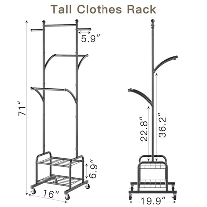 Rolling Clothes Rack with 2 Shelves, Small Metal Clothing Rack with Wheels | Gasvadivum 71" Tall Sturdy Garment Rack with 3 Hanging Rods, Freestanding Portable Coat Rack for Bedroom, Entryway, Black - color: Black