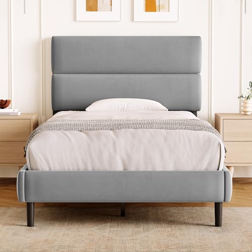 GRUSIGN Twin Size Platform Bed Frame with Velvet Headboard, Adjustable Height Wooden Slats Support, Upholstered Mattress Foundation, Fits Mattress or Mattress with Box Spring, Easy Assembly, Grey - color: Grey, size: Twin