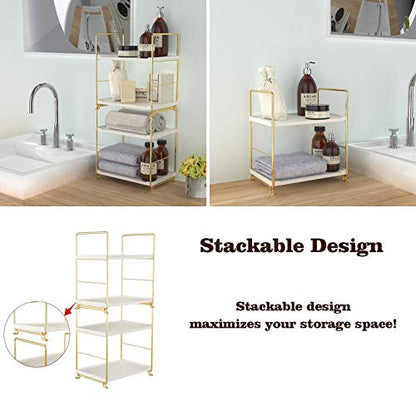 2-Tier Kitchen Spice Rack - Freestanding Stackable Bathroom Countertop Storage Shelf - Cosmetic Organizer Holder- Square Standing Rack (Golden) - color: Golden