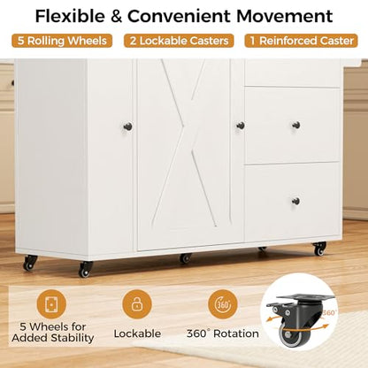 IRONCK Rolling Kitchen Island with Storage & Drop Leaf, 47.2" Kitchen Cart | with 3 Drawers, Spice Rack, Towel Rack, Storage Cabinet, Portable Mobile Island on Wheels, Black - color: White