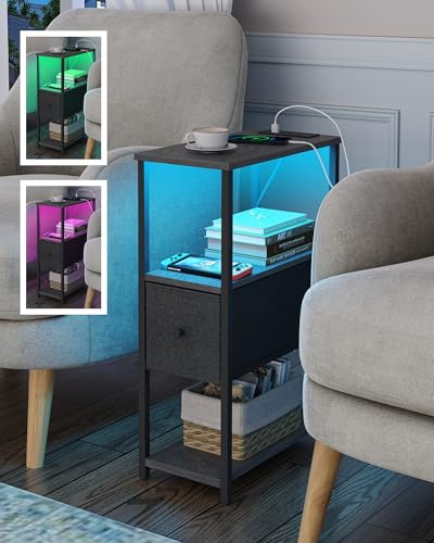 TUTOTAK Small Narrow LED End Table with Charging Station, Set of 2 | Side Table with Outlets, Nightstand with Cloth Drawer, Couch Table for Living Room, Bedroom, Charcoal Grey TB01BY059 - color: Charcoal Grey, style: 1 Drawer with Plug & Light