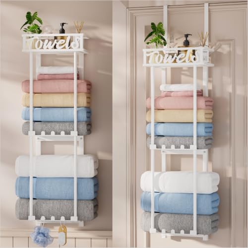 HapiRm Towel Rack Bathroom Storage - 3 Tier Over The Door & Wall Mounted Rolled Towel Racks Holder Organizer with Metal Shelf and 6 Hooks for Small Bathroom, Camper, Rv - White - color: White