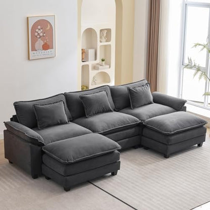 120" Modular Sectional Sofa, Comfy Deep Cloud Couch with Ottoman | U-Shaped Couches for Living Room, Modular Couch, Deep and Wide Seat, Velvet Sofa Sleeper with Throw Pillows, Blue Grey - color: Blue Gray, size: 120 Inch U