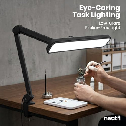 Neatfi XL 2,500 Lumens 30W LED Task Lamp for Manicure Table, Crafts, Workbench, Office – 22” Wide Shade Desk Light | Eye-Caring 6500K | 4-Level Brightness (Black, Non-CCT with Clamp) - color: Black