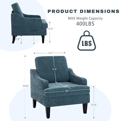 Accent Chair for Living Room,Mid-Century Arm Chair Fabric Living Room Chairs,Upholstered Reading Chair for Bedroom,Single Sofa Chair with Wood Legs for Apartment (1, Chenille Blue) - color: Blue