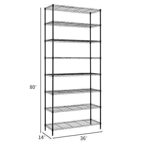 Finnhomy 8-Tier Wire Shelving Unit Adjustable Steel Wire Rack Shelving, 14x36x80 Inches 8 Shelves Metal Storage Rack, Pantry Shelves for Storage, Metal Garage Shelves with NSF Certified, Black - color: Black, size: 14x36x80