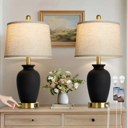 23" Set of 2 Black Ceramic Farmhouse Table Lamp with Ginger Jar Design, Bedside USB Lamps for Living Room,Dining Room,Bedroom,Office,Nightstand,End Table - color: Black