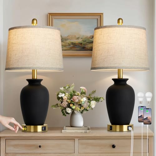 23" Set of 2 Black Ceramic Farmhouse Table Lamp with Ginger Jar Design, Bedside USB Lamps for Living Room,Dining Room,Bedroom,Office,Nightstand,End Table - color: Black