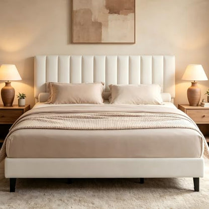 Garvee King Size Platform Bed Frame with Upholstered Headboard, White | Fully Velvet Upholstered Mattress Foundation with Height Adjustable Headboard, No Box Spring Needed, Easy Assembly - color: White, size: King
