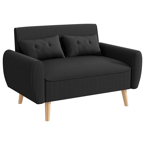 47'' Small Loveseat Sofa, 2 Seat Compact Couch with Tapered Legs, Black Upholstered Furniture, Solid Wood Frame, Comfy Foam Cushion, Easy Assembly for Small Spaces - color: Black