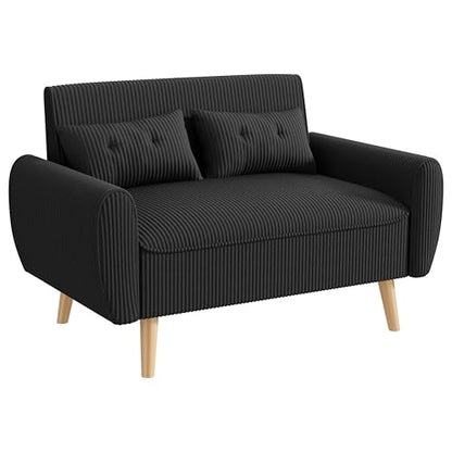 47'' Small Loveseat Sofa, 2 Seat Compact Couch with Tapered Legs, Black Upholstered Furniture, Solid Wood Frame, Comfy Foam Cushion, Easy Assembly for Small Spaces - color: Black