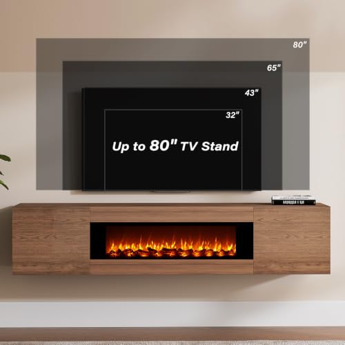 EAG 70'' Floating TV Stand with Fireplace, Modern Wall Mounted Entertainment Center with Storage for TVs Up to 80", High Gloss Media TV Console for Living Room, Decorative Faux Fireplace, Brown