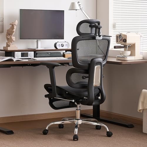 Office Chair with Footrest, Ergonomic Chair with 3D Headrest, Computer Chair with Adjustable Backrest & 3D Armrest, Gaming Chair with Adaptive Lumbar Support, Mesh Backrest & Cushion, Black - color: Black, style: Lite