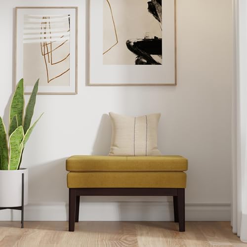 SIMPLIHOME Carlson 27" Wide Woven Fabric Rectangle Ottoman in Marigold | Mid-century modern ottoman with a padded seat for extra seating in bedroom or entryway; footstool, footrest. - color: Marigold, style: Small Ottoman Bench
