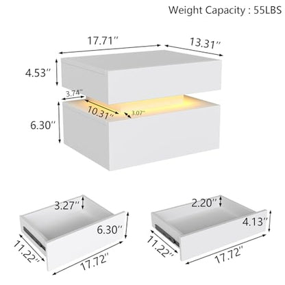 Floating Nightstand Set of 2,Modern Bedside Tables with LED Light for Bedroom,Small Night Stands with Drawers, Wall Mounted End SideTables Set for Living Room - color: White