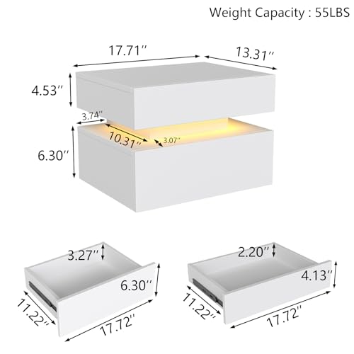 Floating Nightstand Set of 2,Modern Bedside Tables with LED Light for Bedroom,Small Night Stands with Drawers, Wall Mounted End SideTables Set for Living Room - color: White