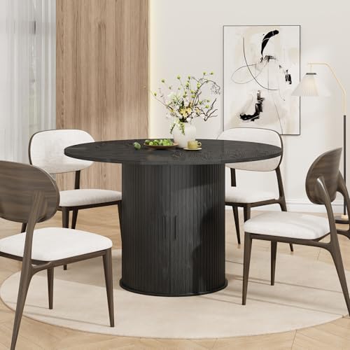 IDEALHOUSE 47 Inch Round Dining Table for 4, Black | With 2-Tier Shelf and Wood Slide Door, Pedestal Dinner Table Space Saving, T-Shape Base, Dining Room, Modern Black Finish - color: Black
