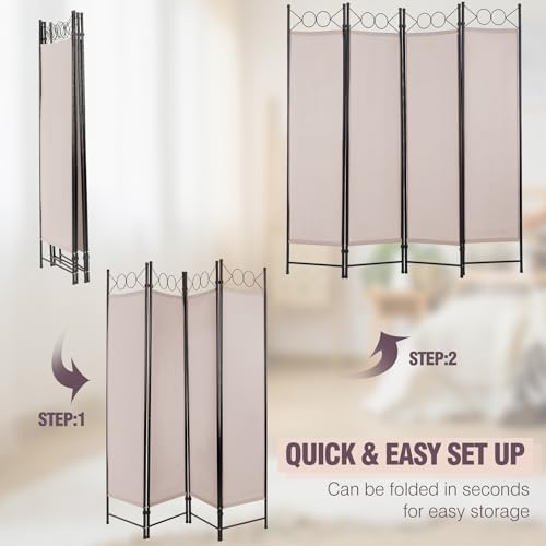 4 Panel Room Divider 6FT Steel Frame Screen Folding Privacy Divider Freestanding Partition for Home Office Bedroom (Tan) - color: Tan