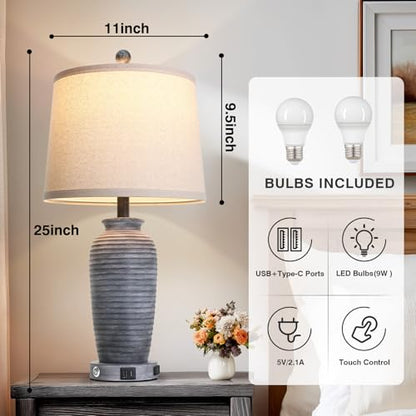 CINSARY 25" Retro Distressed Black Farmhouse Jar Table Lamps Set of 2, 3 Way Touch Control Rustic Bedside Lamps with USB A+C Ports & AC Outlet, Pot Nightstand Lamps for Bedroom Living Room - color: Distressed Black