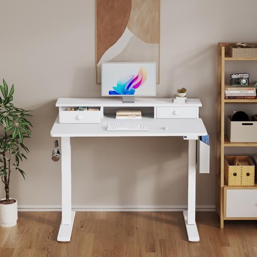 White Electric Standing Desk with Drawers - 40 Inch Small Standing Desk with Shelf Monitor Stand Storage Height Adjustable for Home Office, Study Writing Girls Computer Sit Stand Desks for Bedroom - color: White, size: 39.4''