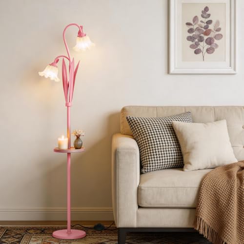 Pink Flower Floor Lamp with Table, Adjustable Floral Standing Lamp for Girl | Gooseneck Floor Lamp with 3 Color Temperature, LED Bright Standing Lamp for Living Room, Bedroom, Corner, office - color: Peach Pink