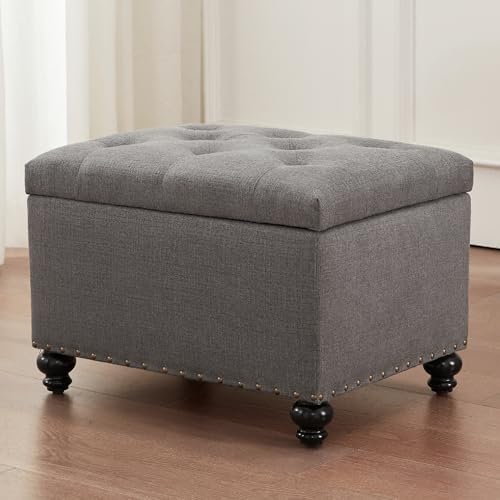 Zihanhome Small Ottoman with Storage, Upholstered Button Tufted Ottoman Foot Rest, Foot Stools, 24" Rectangle Bench with Storage for Living Room, Bedroom, Corners, Dorms and Apartments (Grey) - color: Grey