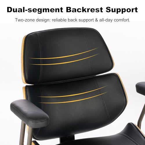 Mid Century Walnut Bentwood PU Leather Office Chair with Arms, Black | Curved walnut bentwood back & seat; removable armrests; PU leather upholstery; swivel & rolling; for home office & study - color: Black, size: 2-Section Back / No Headrest