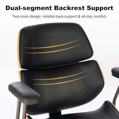 Mid Century Walnut Bentwood PU Leather Office Chair with Arms, Black | Curved walnut bentwood back & seat; removable armrests; PU leather upholstery; swivel & rolling; for home office & study - color: Black, size: 2-Section Back / No Headrest