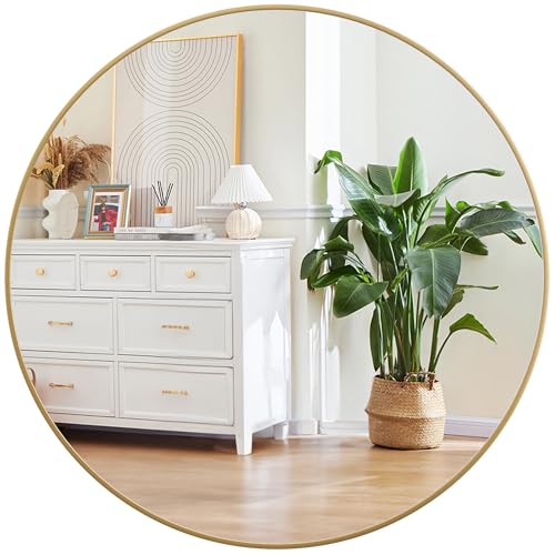 Gold Circle Mirror for Wall 32 Inch, Round Mirror, HD Eco-Friendly Round Bathroom Mirror for Over Sink, Big Matte Gold Metal Framed Mirror for Wall, Vanity, Entryway, Hallway, Easy to Install - color: Gold, size: 32"L x 32"W