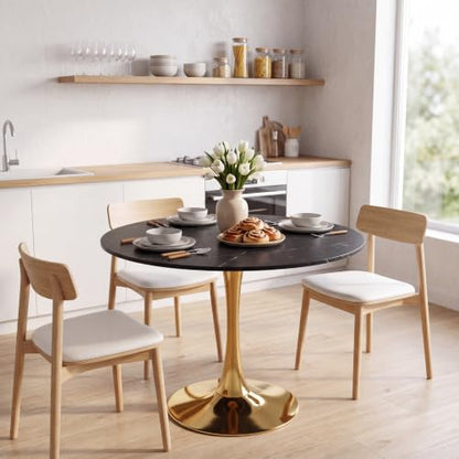 31.5" Round Tulip Dining Table, Circle Tulip Table with MDF Tabletop and Gold Metal Pedestal Base, Mid Century Modern Bistro Table for Kitchen, Dining Room, Cafe (Black and Gold) - color: Black and Gold