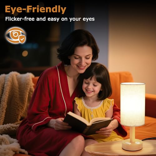 Small Bedside Table Lamp with AC Outlet, Natural Wood Base & Linen Shade, Mini Cute Cozy Warm White Nightstand Boho Lamp, Study Desk Night Stand Light for Bedroom, Kitchen, Nursery, Living Room - size: Round - AC Outlet - Set of 1