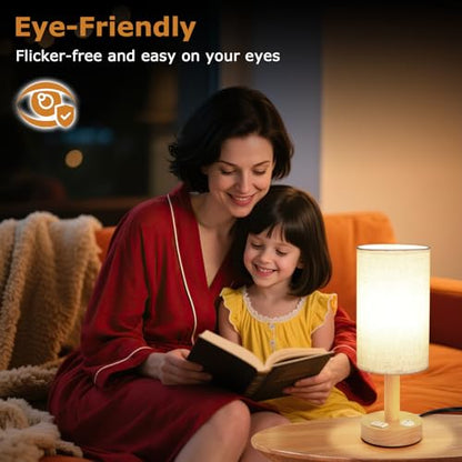 Small Bedside Table Lamp with AC Outlet, Natural Wood Base & Linen Shade, Mini Cute Cozy Warm White Nightstand Boho Lamp, Study Desk Night Stand Light for Bedroom, Kitchen, Nursery, Living Room - size: Round - AC Outlet - Set of 1