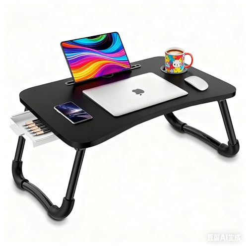 Fayquaze Laptop Desk, Portable Foldable Lap Bed Desk, Laptop Table Tray | Storage Drawer and Cup Holder, Lap Desk Lap Stand Tray Table Floor Table Serving Tray for Eating, Reading and Working - color: Black