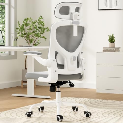 Office Desk Chair Computer High Back Mesh Gaming Seat with Ergonomic Adjustable Comfy Flip-up Armrests Lumbar Support Height for Home Office (Gray) - color: Grey