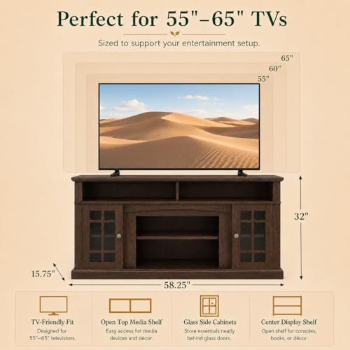 Espresso TV Stand for 65 Inch TV, 58.25'' MDF Entertainment Center with Storage Cabinet, Open Shelves, Cable Management, Console Table for Living Room - color: Espresso