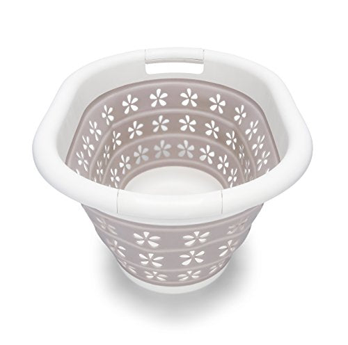 Camco Collapsible Laundry Basket | Features Simple Pop-Open & Collapse-Down Design | Waterproof for Easy Clean-Up | Measures 14.5” x 19.75” x 2.5”/10” Collapsed/Expanded, Taupe & White (51951) - size: 10 inches tall expanded (Pack of 2)