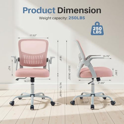 Sweetcrispy Computer Desk Chair, Home Office Chair, Lumbar Support | Flip Up Armrest, Adjustable Height, 360° Swivel Wheels, Ergonomic Mesh Mid-Back, Comfy Arms Bedroom Study - color: Pink, size: 23.22 Inch
