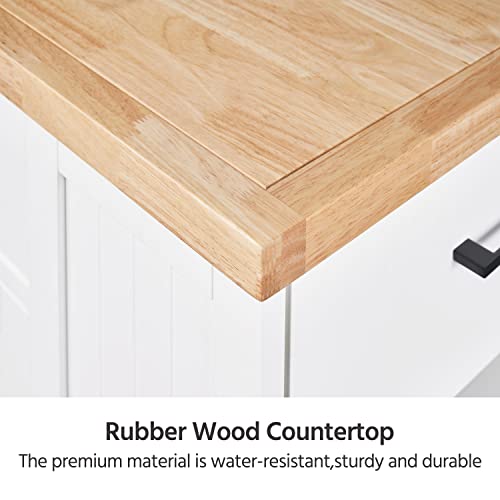 Yaheetech Rolling Kitchen Island Cart with 3 Drawers & Open Shelves, White | Mobile Kitchen Island with Storage on Wheels with Adjustable Shelves, Thick Rubberwood Top for Dining/Living Room/Kitchen Bar - color: White