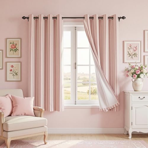 MYSKY HOME Striped Curtains 100% Blackout for Girls Bedroom 63 Inches Long Red Stripe Patterned Farmhouse Rustic Linen Blend Double Layer Drapes, Grommet, 2 Panels, 52" Wide - color: B-red/Blackout, size: 52"W x 63"L (Pack of 2)