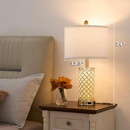 SAIWEYA 24in Crystal Table Lamp Set of 2 Bedroom Lamps for Night Stand | 3-Way Dimmable Touch with Night Ligh, 2 USB Ports + AC Outlet, White Fabric Shade, LED Bulb Included - color: Gold-2 Pack 24In