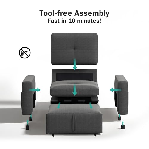 Sunny Heart 40" W Oversized Sleeper Chair Bed, 3-in-1 Convertible Reclining Sofa Chair with Pull Out Couch Bed, Adjustable Backrest, Side Pockets, Cup Holder, USB Ports & Side Table, Basic Dark Grey - color: Dark Grey, size: 40 inch
