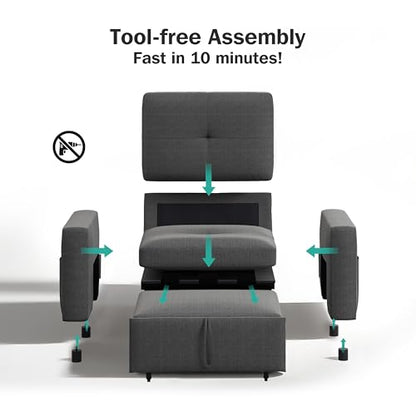 Sunny Heart 40" W Oversized Sleeper Chair Bed, 3-in-1 Convertible Reclining Sofa Chair with Pull Out Couch Bed, Adjustable Backrest, Side Pockets, Cup Holder, USB Ports & Side Table, Basic Dark Grey - color: Dark Grey, size: 40 inch