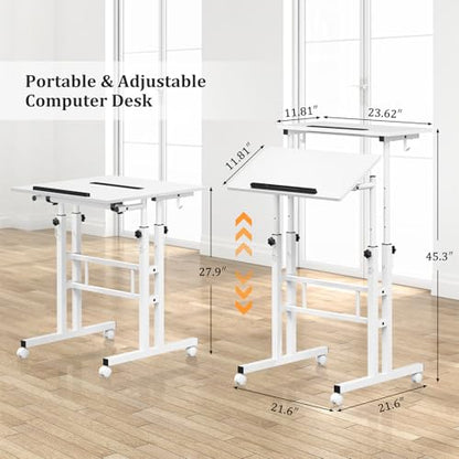 Enayplon Small Standing Desk with Wheels, Mobile Stand Up Desk, Portable Standing Table on Wheels for Walking Pad, Rolling Computer Desk Adjustable Height, Tall Table - color: White