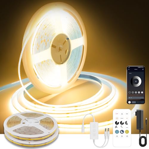 Pandery COB LED Strip Lights Warm White,24V Dimmable led Light Strip KIT with Remote and app Control,2700K 50FT/15m 8mm Wide Ra>90 Cuttable Flexible Strip Lights forBedroom,Wardrobe,Cabinet - color: 2700K Warm white, size: 50FT