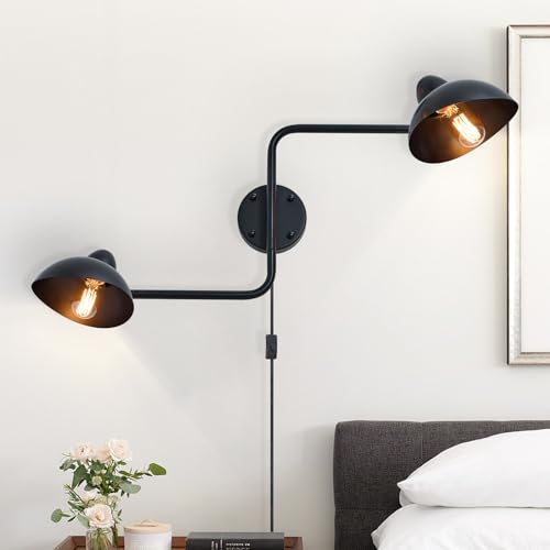 Adjustable Black Swing Arm Wall Sconce, 2-Light Plug in Wall Lamps with ON/Off, Rotatable Metal Dome Shades Wall Mount Lighting Fixture for Living Room Bedroom Study - color: Black-B 2-Lights