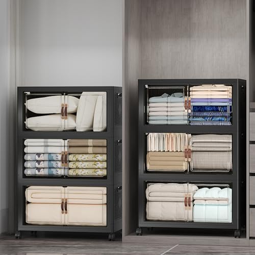 Stackable Storage Bins, 1050QT Collapsible Drawers with 2 Lids | Large Capacity, Magnetic Door, Stack Lock, Rolling Wheels, Foldable Design, Organizers and Storage for Bedroom Dorm Garage - color: Dark-175QT, size: 6Pack with 2 top lids