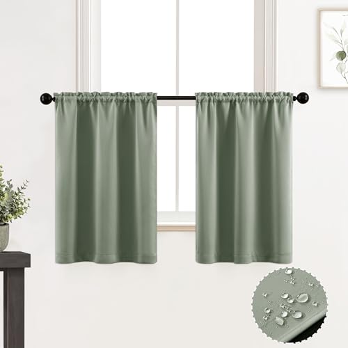 XTMYI Bathroom Curtains Window,Eucalyptus Sage Green Waterproof Small Tier Boho Kitchen Curtains,24 Inch Length Sets of 2 - color: Sage Green, size: 30"W x 24"L (Pack of 2)