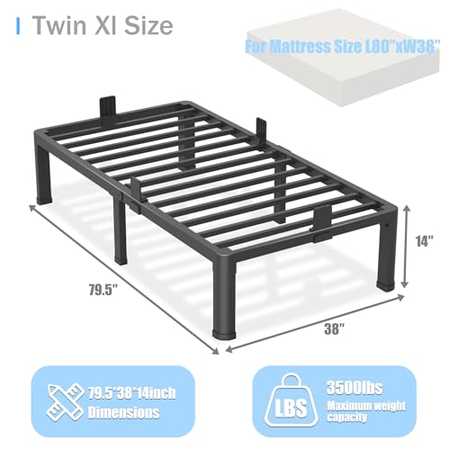 14 inch Twin XL Bed Frame with Round Corner Legs Mattress Slide Stopper,3500 lbs Heavy Duty Metal Platform,No Box Spring Needed,Easy Assembly,Noise Free - size: Twin XL, style: 14 inch